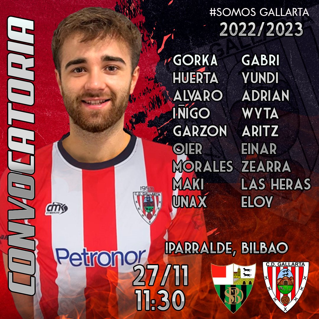 cdgallarta's tweet photo. SENIOR 𝐀 | ⚒️ SOMOS GALLARTA‼️
JORNADA 10
LOS CONVOCADOS SON
🆚 BASURTO A
🗓️ 27 DE NOVIEMBRE
🕘 11:30
🏠 IPARRALDE, BILBAO
#somosgallarta
#cdgallarta🔴⚪️🔴⚪️
#sdbasurto https://t.co/Piq8Vjiwm6