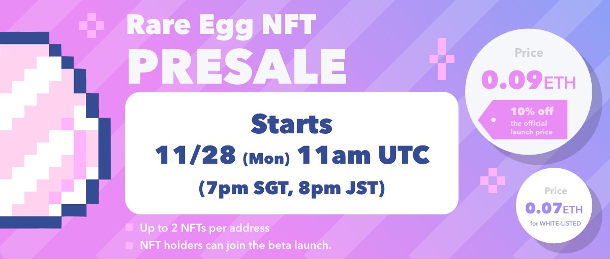 🔥#TwitFi NFT Presale🔥

*We will award a Medicine item at Beta to EVERYONE who quotes RT this tweet until starting the Presale.

⏰Starts 11/28 (Mon) at 11am UTC (7pm SGT, 8pm JST)
💡Rare Egg NFT with 0.09 ETH
💡Up to 2 NFTs per address

Don't miss out🚀
presale.twitfi.com