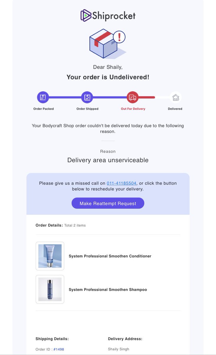 AustereShy's tweet photo. @ShiprocketIndia I did not receive my order , don’t you guys deliver order to Kokapet, Hyderabad, 500032? 

It’s almost a month since I placed this order with @Bodycraftspa . Also cannot place this re attempt request, also note that no attempt was made for the first time. https://t.co/6xsEYvcXe6