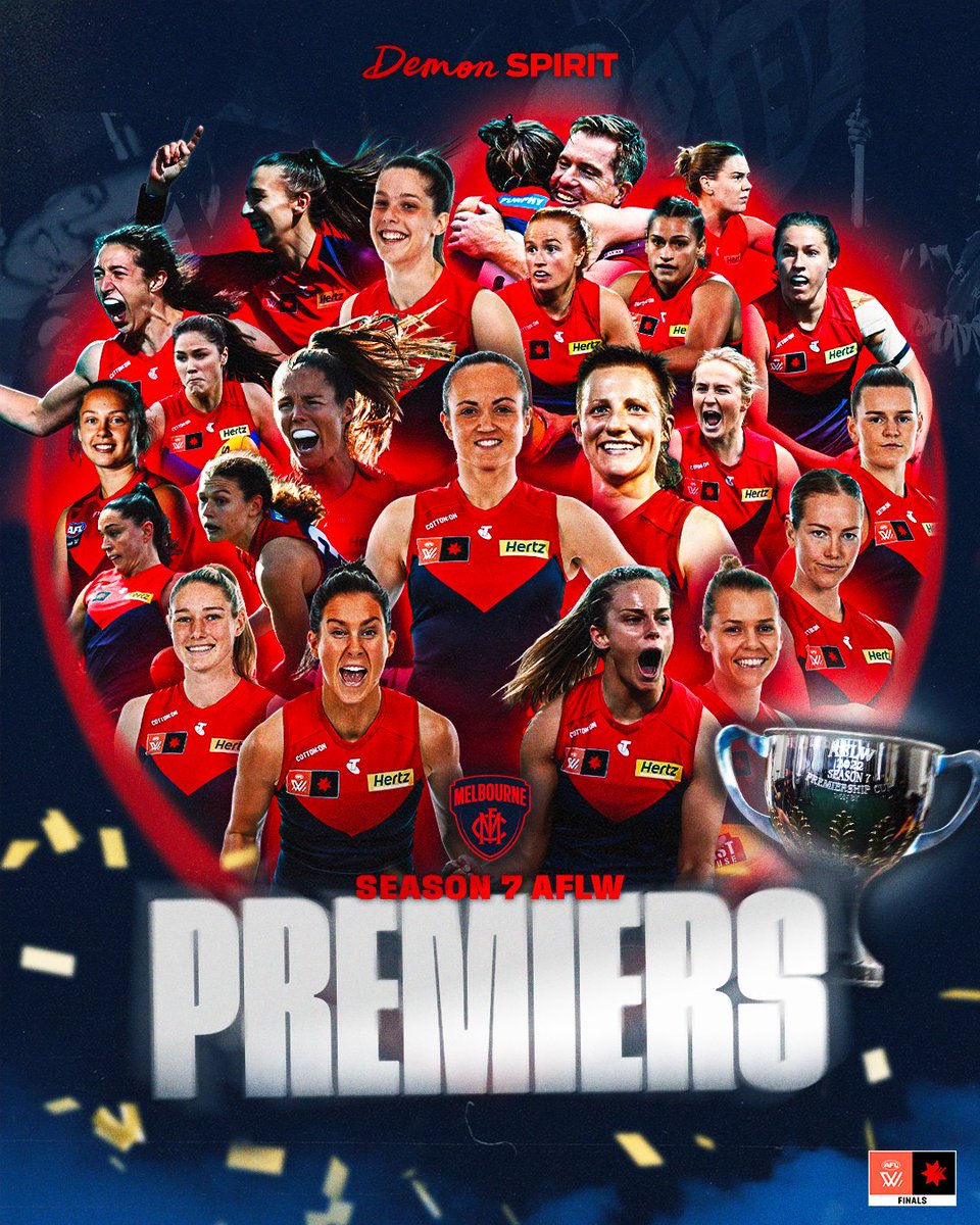 MelbourneAFLW's tweet image. PREMIERS 🏆 AFLW flag winners for the first time in club history.

#DemonSpirit | #AFLWGF