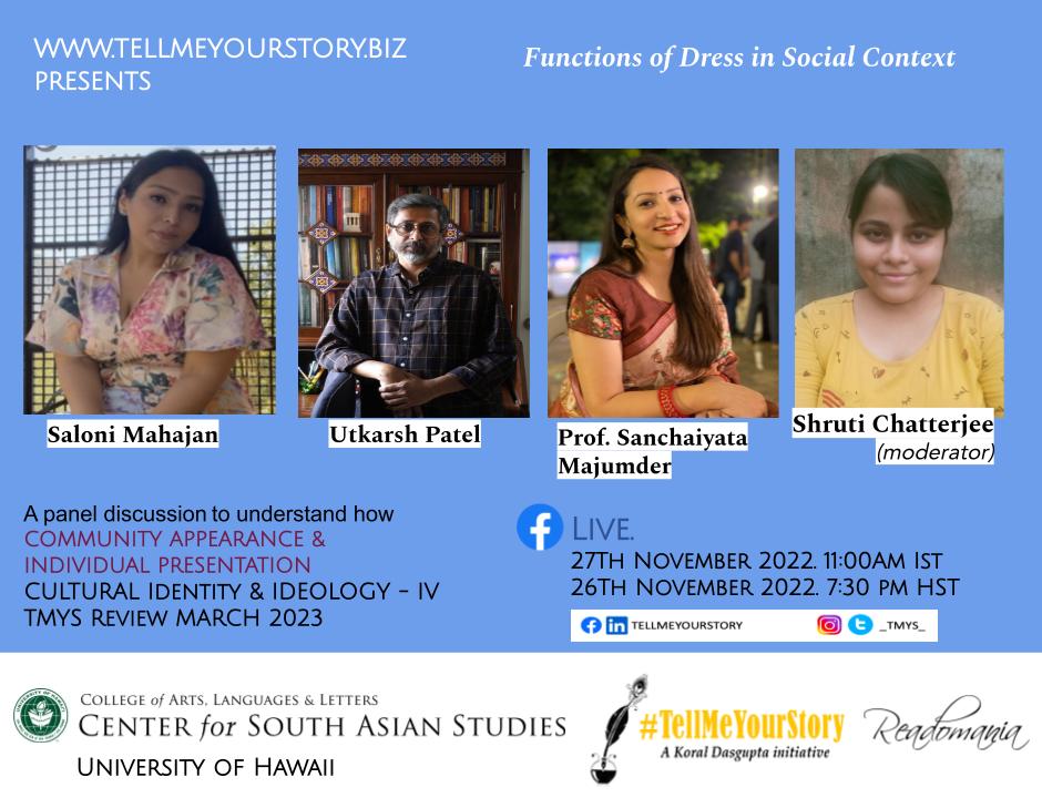 LIVE now!
Functions of Dress in Social Context

<a href="/salmahajan/">Saloni Mahajan</a> <a href="/utkarshmp/">Utkarsh Patel</a> @SanchaiyataM
in conversation with Shruti Chatterjee

TMYS Review March 2023 is calling for Submissions of essays, poetry and short stories.
Last date: 31 December 2022

Watch it here: fb.watch/h2HZnH0c8w
