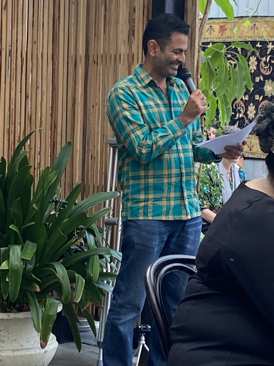 terriannwhite's tweet photo. @pritvee Prithvi Varatharajan presents a stunning launch speech for Marjon Mossamaparast’s ‘And to Ecstasy’ and I want to read it again immediately. Beautiful afternoon in a garden courtyard in North Carlton today. @UpswellP https://t.co/kdD0Zsttxm
