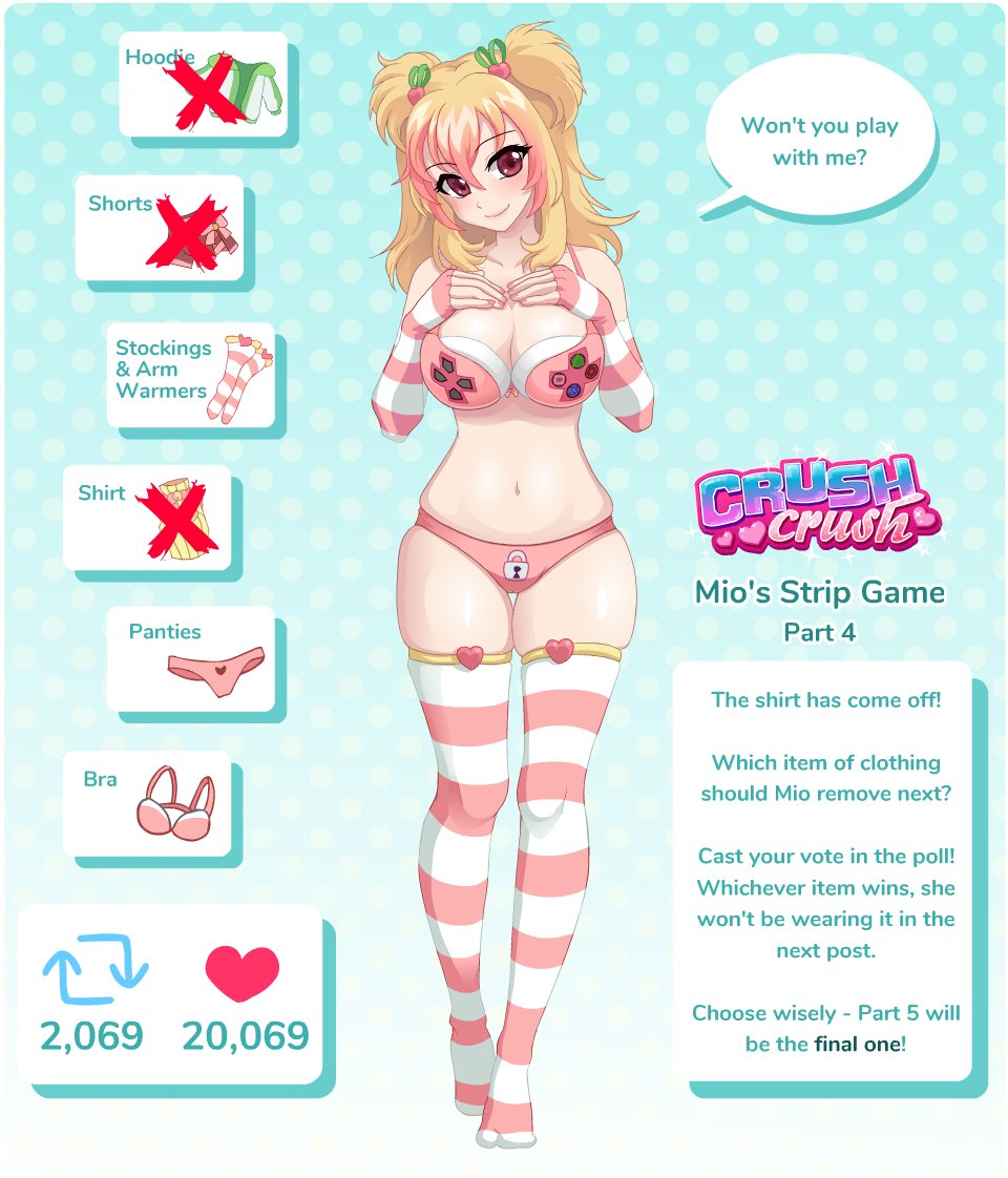 Mio's Strip Game - Part 4. That last vote was a close one! 2,069 🔁RTs 20,069 ❤️ #stripgame #stripthecharacter #lewdtuber