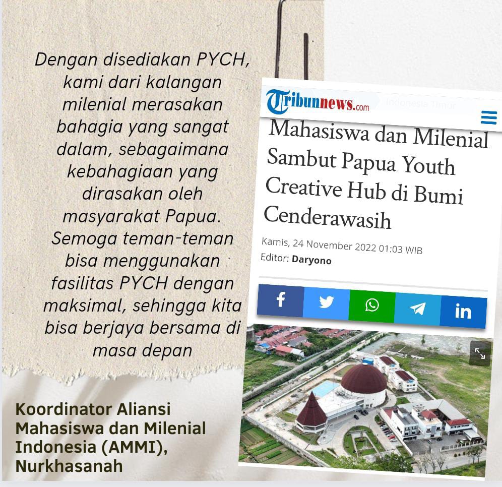 Gedung PYCH mrpkan bangunan yg memiliki fasilitas terlengkap di Papua
Fasilitas tsb dpt digunakan utk co-working space, ruang utk teknologi pembelajaran, teknologi digital, ruang konser, ruang utk inovasi² produk, asrama &amp; fasilitas olahraga

#PapuaYouthCreativeHub