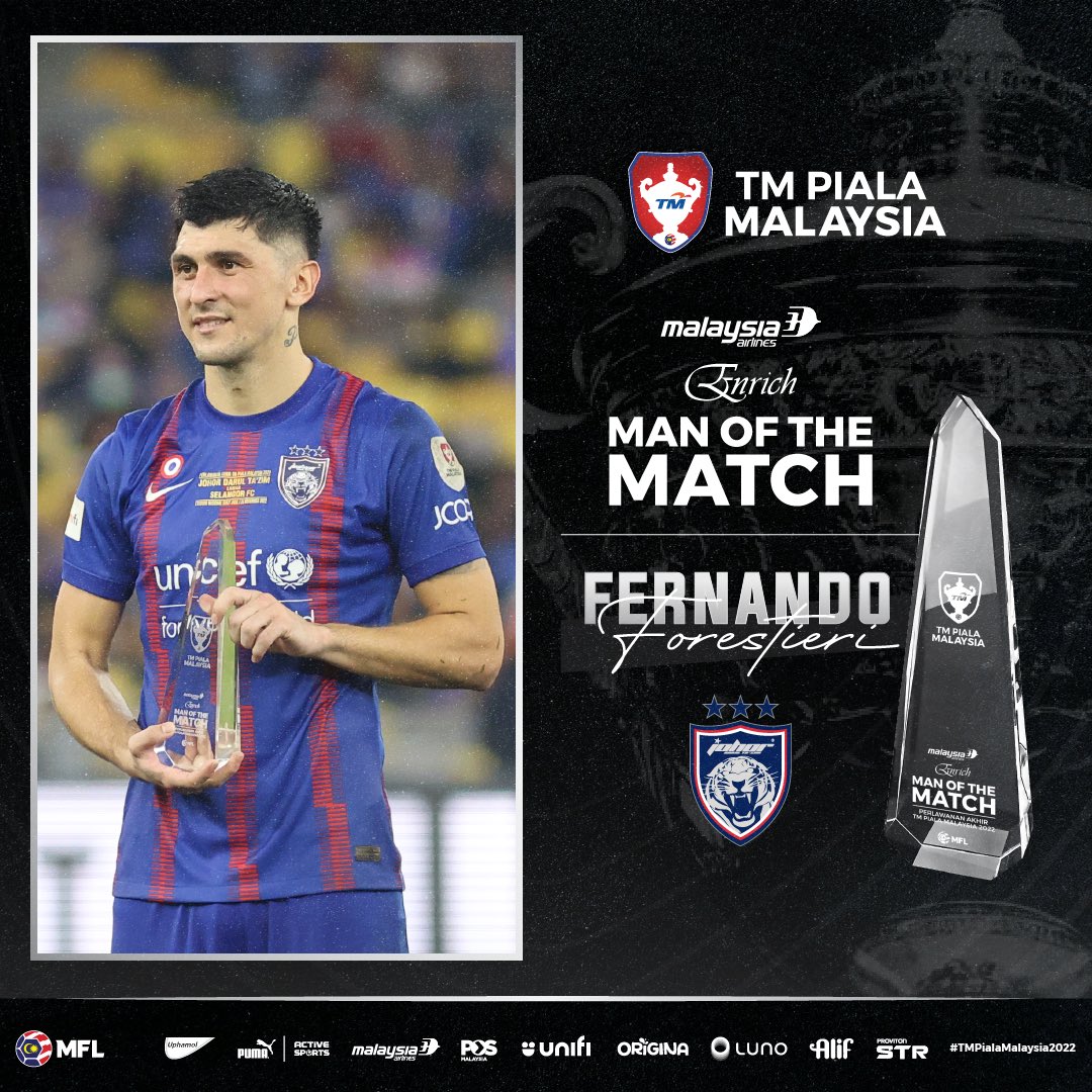 MFL_MY's tweet photo. 🌟 Penjaring gol kemenangan Johor Darul Ta’zim semalam, Fernando Forestieri dinobatkan sebagai Enrich Man of the Match (Pemain Terbaik Perlawanan) dalam perlawanan akhir TM Piala Malaysia 2022.

Congratulations @Forestieri45! 👏 

#TMPialaMalaysia2022 https://t.co/5xqirhO1ZK