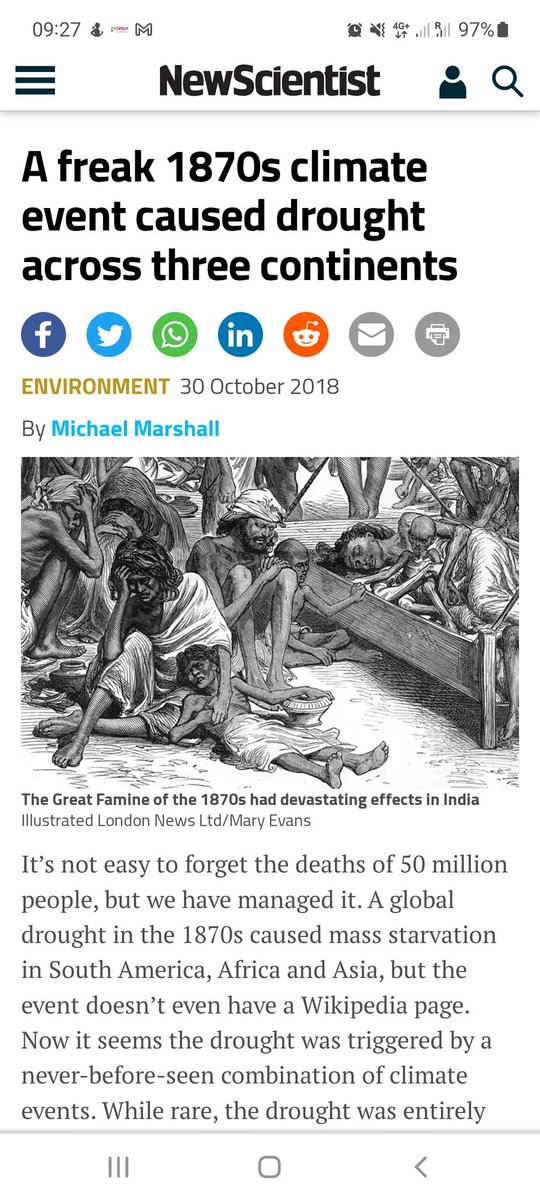 In 1870s - A severe drought spanning three continents caused 50 Million deaths. CO2 level was 280ppm. This is why obsession with CO2 doesn't make sense. The climate of pre industrial world was no better than today's. Our safety from climate comes from our technology.