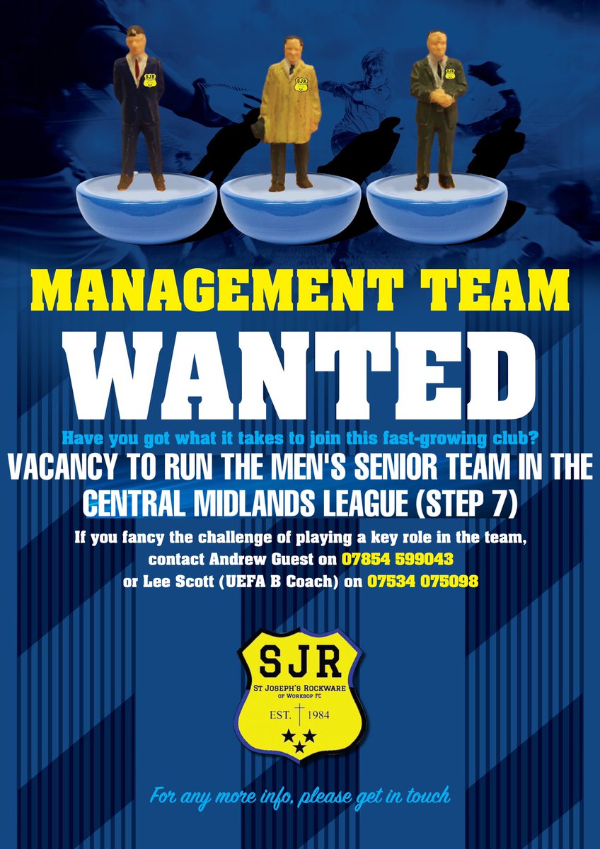MANAGEMENT OPPORTUNITY 

- SENIOR TEAM
- STEP 7 CLUB
- CENTRAL MIDLANDS NORTH
- COMPETITIVE EXISTING SQUAD
- WE HAVE A YOUNG THRIVING DEVELOPMENT TEAM
- 27 JUNIOR TEAMS WITHIN THE CLUB
- FULL SUPPORT WILL BE GIVEN FROM THE COMMITTEE
Page1/2
@CentralMidsFL <a href="/SHCFA/">Sheffield FA ⚽️</a> <a href="/rovers_league/">Doncaster Rovers Saturday League</a>