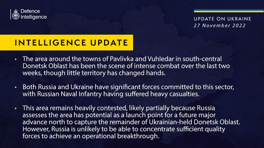 Defence Intelligence update on Ukraine 27 November 2022 -  see thread for full text