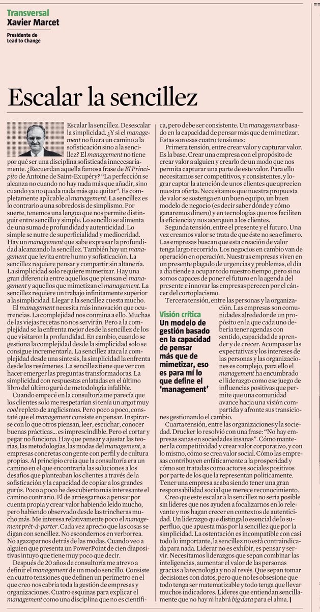 Xavier Marcet (@xaviermarcet) on Twitter photo Apología de la sencillez
Hay que management que expresa la profundidad con sencillez, y un management que se regodea en la simplicidad.
No es lo mismo pensar que mimetizar el management. Hoy en <a href="/LaVanguardia/">La Vanguardia</a> Apología de la sencillez
Hay que management que expresa la profundidad con sencillez, y un management que se regodea en la simplicidad.
No es lo mismo pensar que mimetizar el management. Hoy en <a href="/LaVanguardia/">La Vanguardia</a>