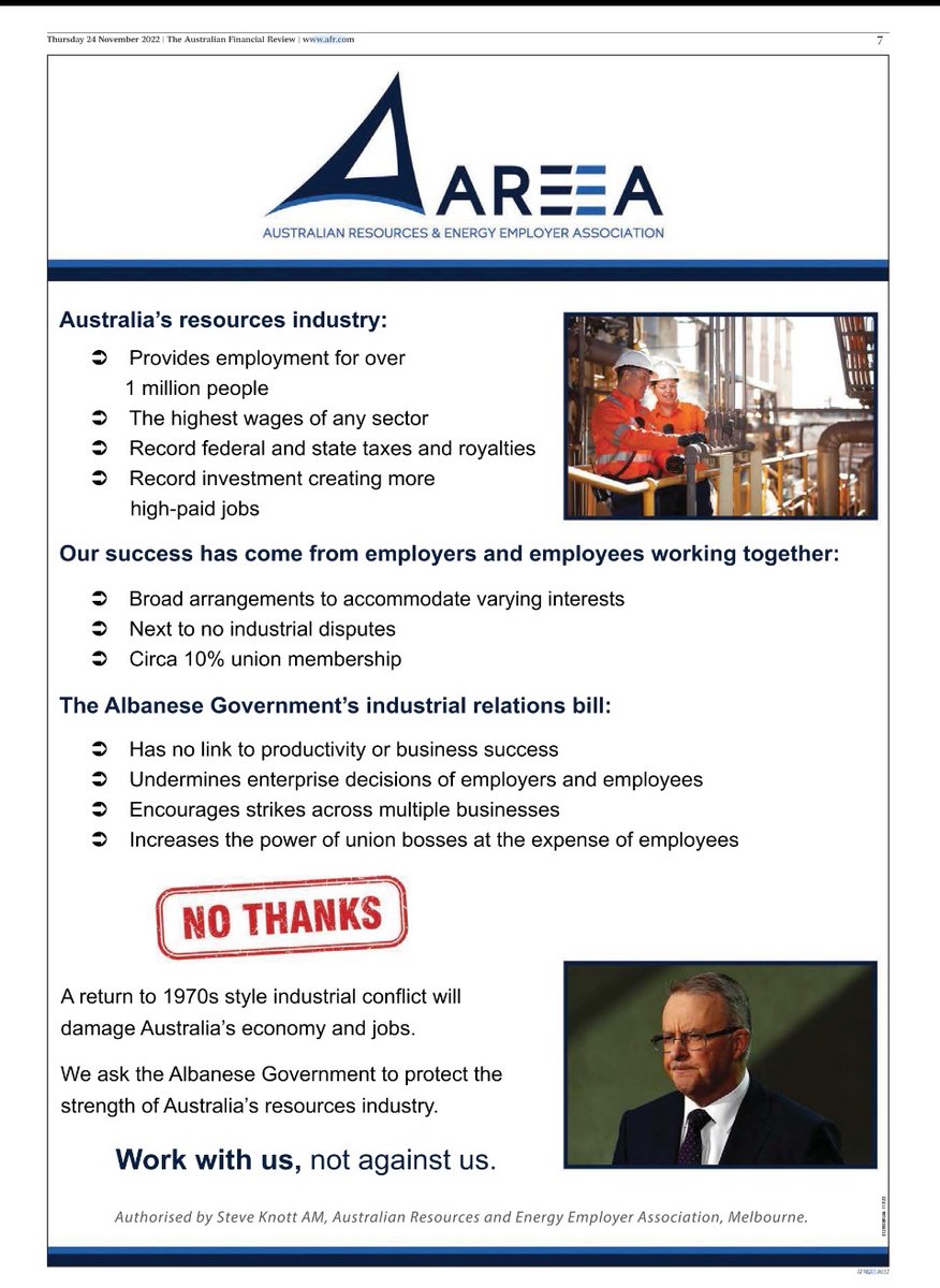 Our TV, radio &amp; print ads, including full page ads (see below) in Joe’s beloved AFR, have been running for the past two weeks

Diddly squat from others; in short, hard to quibble with rest of Joe’s employer/business group analysis here 🧐

<a href="/AREEAnewsroom/">Aust Resources & Energy Employer Assoc AREEA</a> 

afr.com/rear-window/bu…