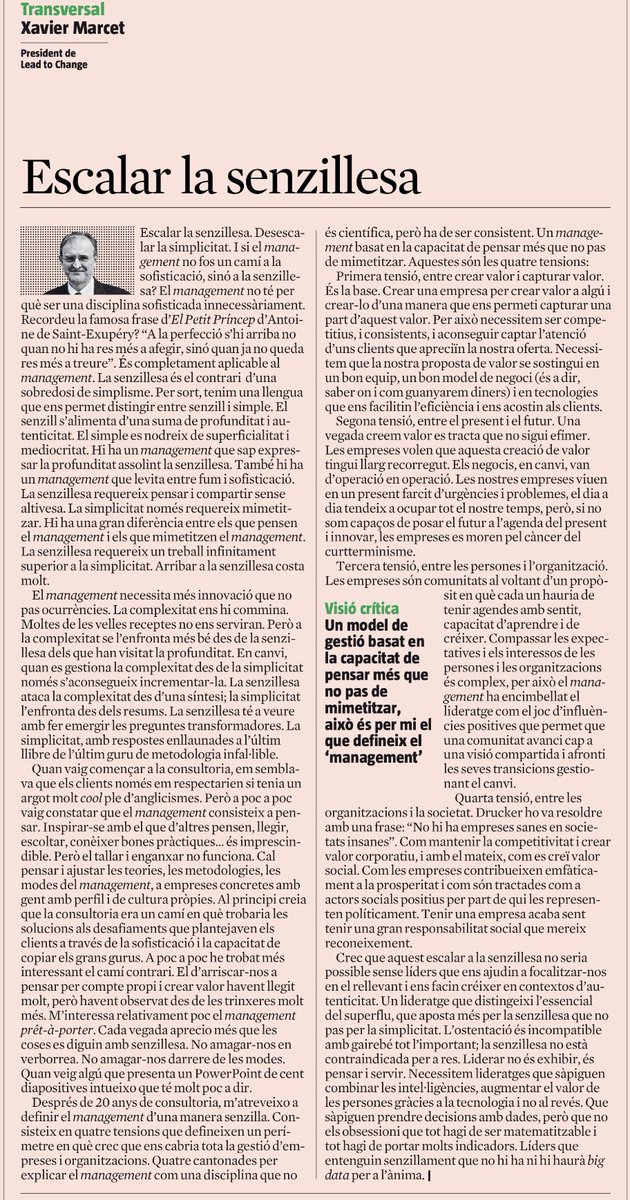 XavierMarcet's tweet photo. Apologia de la senzillesa.
Hi ha un management que neix de la capacitat de pensar per compte propi, que busca expressar la profunditat amb senzillesa.I hi ha un management de la simplicitat que surt de mimetitzar les modes del management amb mediocritat. Avui a @LaVanguardia https://t.co/05ihPCL0YK