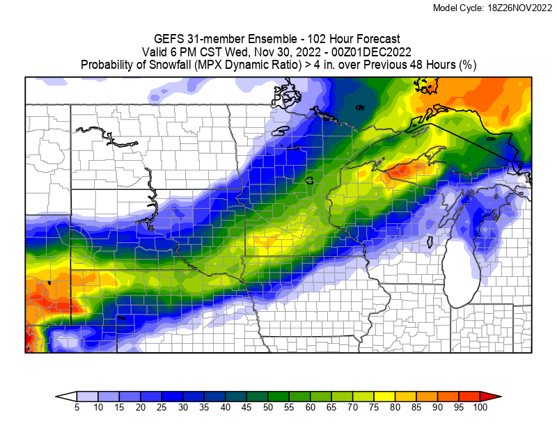 Yes, there is a signal of potentially accumulating snow on Tuesday, but there are many details to be worked out. Here is the probability of 4” of snow throughout the day.