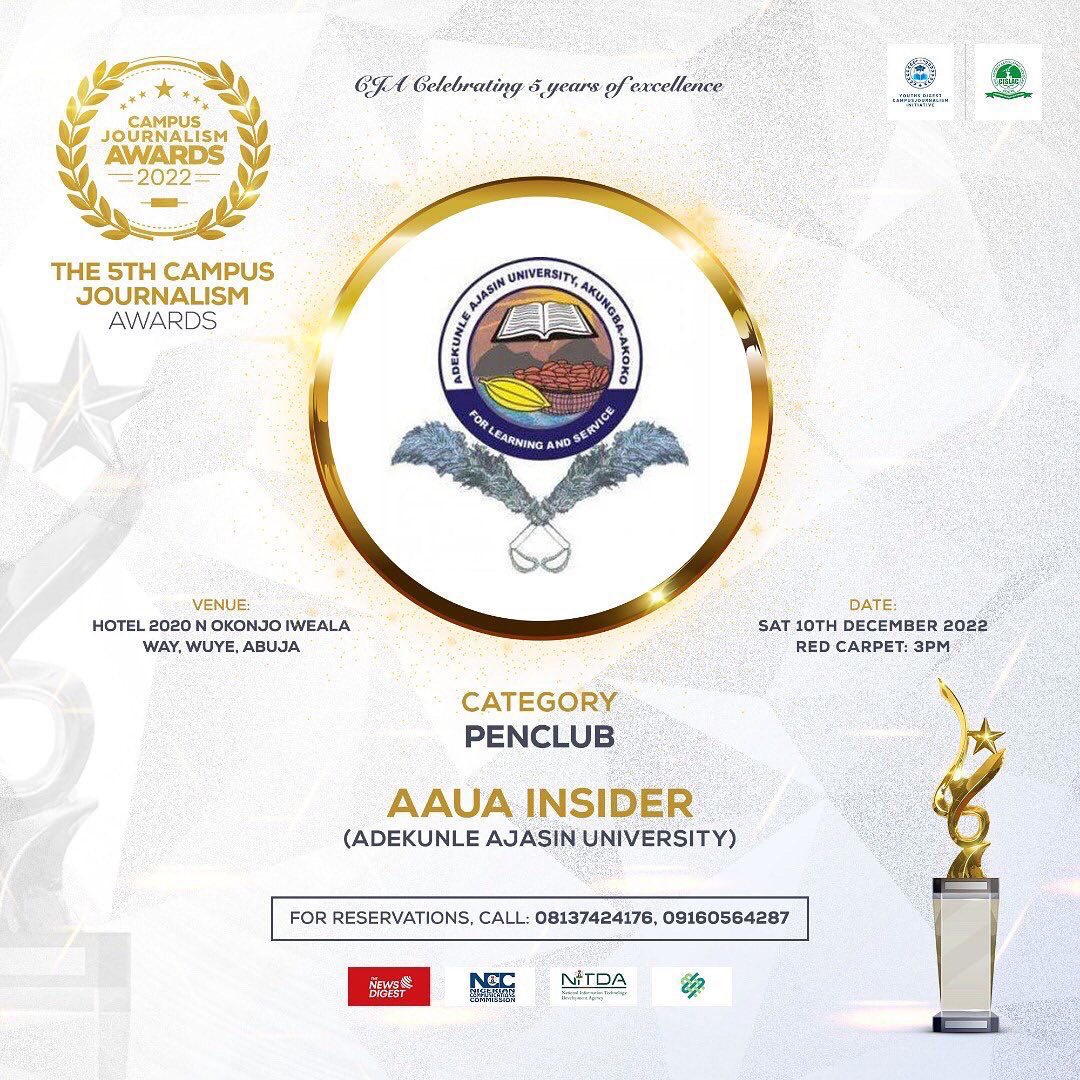 AauaInsider's tweet photo. Here are your finalists from your number one platform, AAUA Insider for the 5th edition of Campus Journalism Awards🎉🥳👏
@OfficialAAUASU @aauainfo @Panjorin2 @thejahworthy @herovicofficial https://t.co/HhI5uanLF6