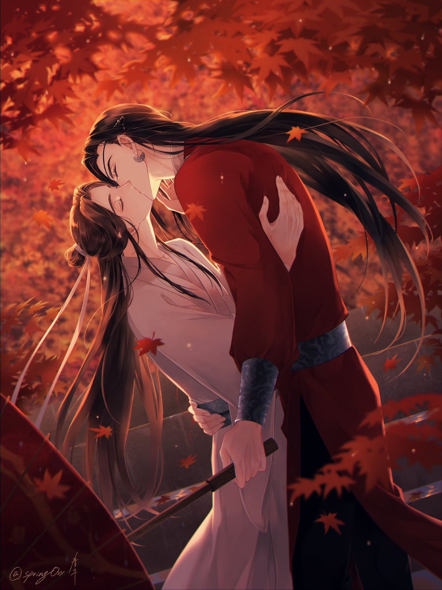 kiss long hair yaoi umbrella multiple boys autumn leaves chinese clothes  illustration images