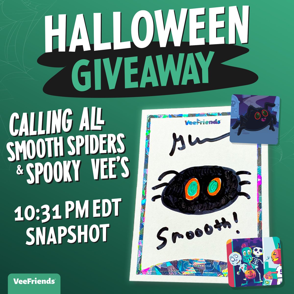 veefriends_u's tweet photo. A HalloVEEn surprise TREAT for Smooth Spider and Spooky Vees holders! At 10:31PM EDT, a raffle will be ran on Web3Raffle to giveaway a free Smooth Spider 1/1 @garyvee autographed sketch card! No action is required from holders. 

Read more: https://t.co/lpqyprHA1H https://t.co/H9qfs1U0nj
