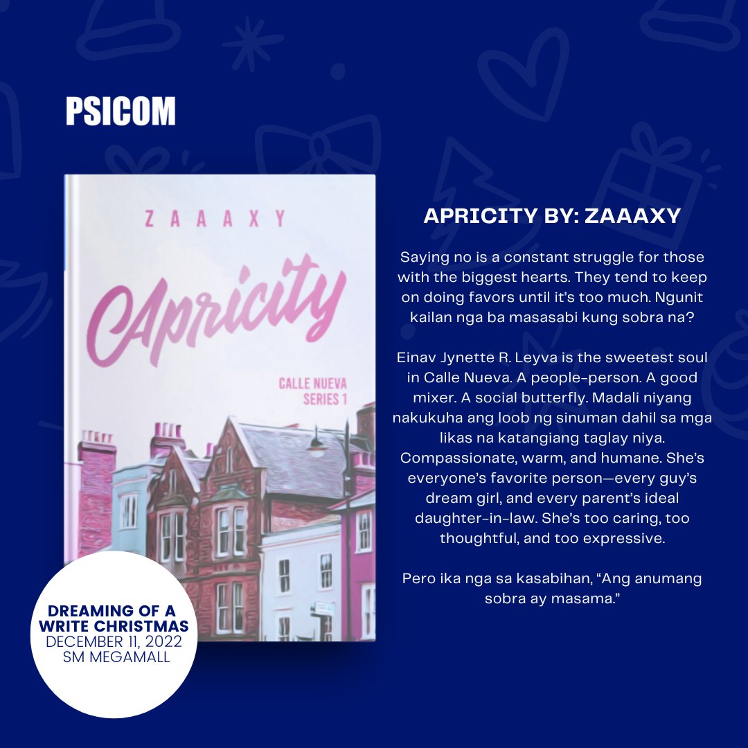 Officialpsicom's tweet photo. Have your copies of 𝐀𝐩𝐫𝐢𝐜𝐢𝐭𝐲 signed by 𝐙𝐚𝐚𝐚𝐱𝐲 when you attend DREAMING OF A WRITE CHRISTMAS happening on December 11 at SM Megamall~  See you soon! https://t.co/pIIXGlmLJA