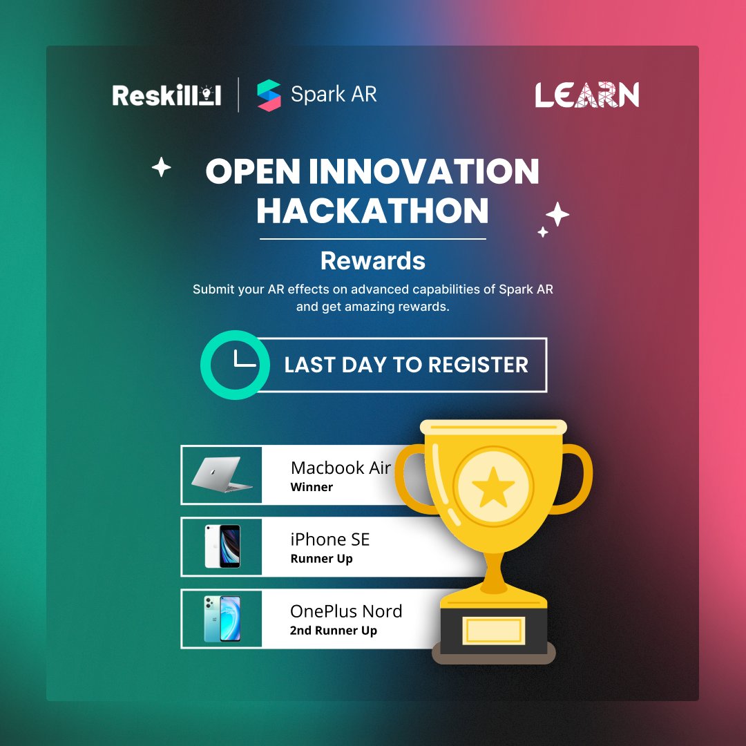Reskilll's tweet photo. Last Day for Submission!
Submissions for Open Innovation Hackathon are closing tonight. Submit your AR effects & win amazing rewards such as Macbook Air, iPhone SE and OnePlus Nord.
Submit your AR Effects now - https://t.co/YtMDEsIqRx
#Hackathon #OnlineHackathon #Meta #SparkAR https://t.co/sEMsCAvheI