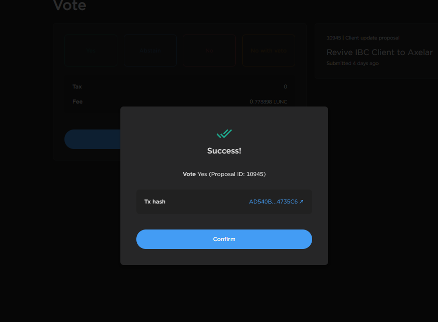 JesusMartinez's tweet photo. Our $LUNC validator has voted "YES" to re-enabling the IBC client to Axelar.

Let's SPREAD the word! 10945 IS LIVE!

MORE IBC = MORE 🔥 https://t.co/F1K0AgOvW9