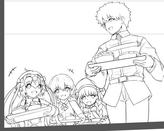 今日一日で進んだのこのコマだけとか・・・ウソやん・・・「描いたことないキャラ」「複数」・・・ふう 