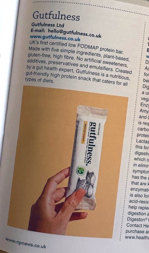 GutfulnessUK's tweet photo. Excited to be part of @NatProducts magazine, thank you! 
#snack #glutenfree #vegan #proteinbar #ibs #peanut #bloated #UK #gutfulness #fodmap https://t.co/UW1Uo82AMG
