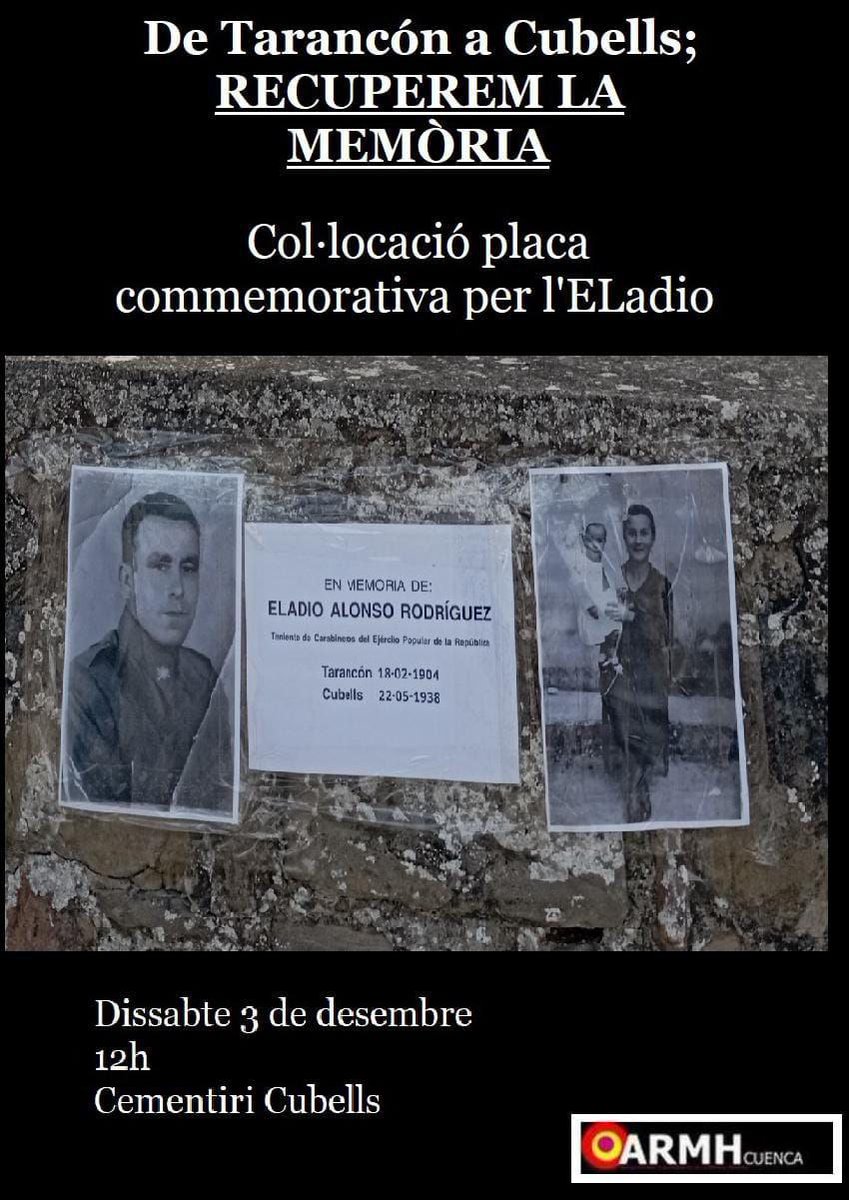 HTarancon's tweet photo. Sábado 3 de diciembre en el cementerio de Cubells, colocación de placa conmemorativa al Taranconero Eladio Alonso Rodríguez, Teniente de Carabineros del Ejército Popular de la República. https://t.co/qNtgCpgpPK