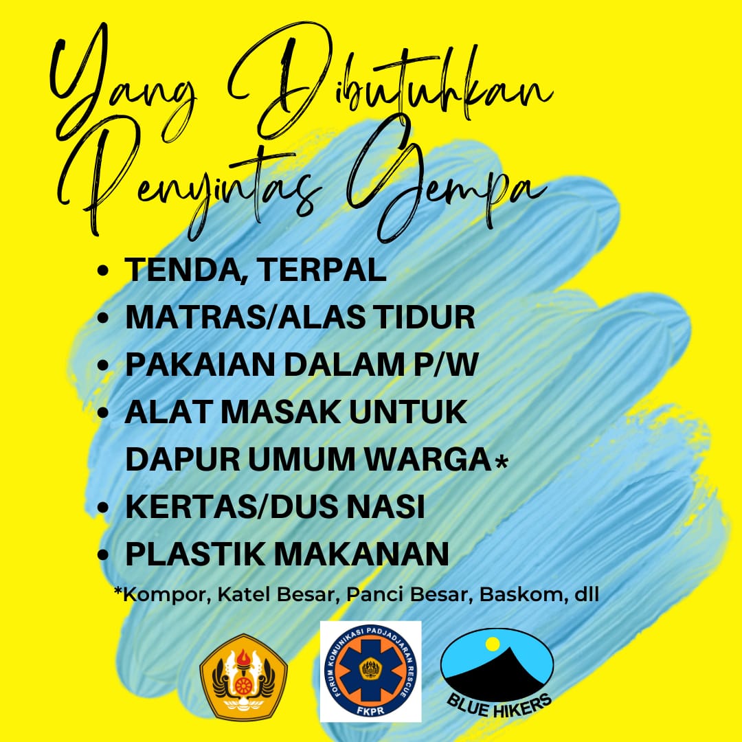 Gempa 5,6 SR melululantakkan Cianjur. Para penyintas membutuhkan bantuan teman-teman donatur 

Berdasar hasil assestment per 27 November 2022, berikut ini barang-barang yang dibutuhkan para penyintas:
1. Tenda, terpal
2. Matras/Alas Tidur
3. Pakaian dalam P/W
4. Alat masak...