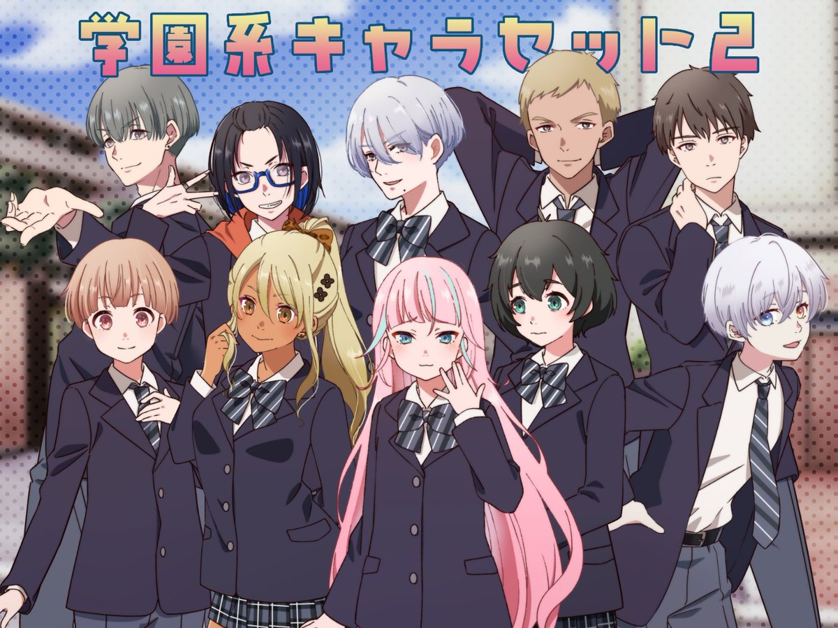 school uniform multiple boys multiple girls pink hair glasses blonde hair necktie  illustration images