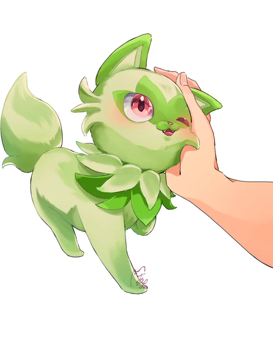 いい子いい子されて、スリスリするニャオハが描きたかった。かぁいいねっっっ!!!!!!!!!!!!!!!!!!!!!!!!!! #ポケモンSV 