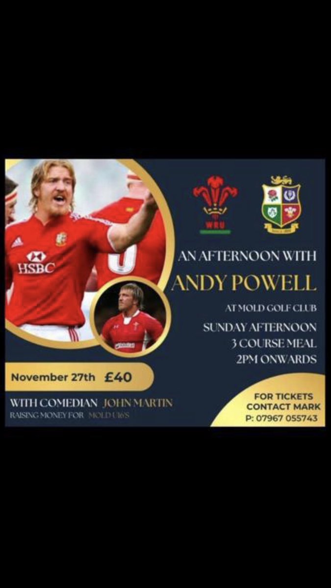 moldrfc's tweet photo. 🎤 | AN AFTERNOON WITH ANDY POWELL

A kind Mold RFC supporter has gifted us 11 tickets for anyone that wants to join us for the Andy Powell event this afternoon at 2pm at Mold Golf Club. 

To claim a ticket, contact Mark Evans on 07967055743. 

🔴⚫️ https://t.co/tvyb5FPRF6