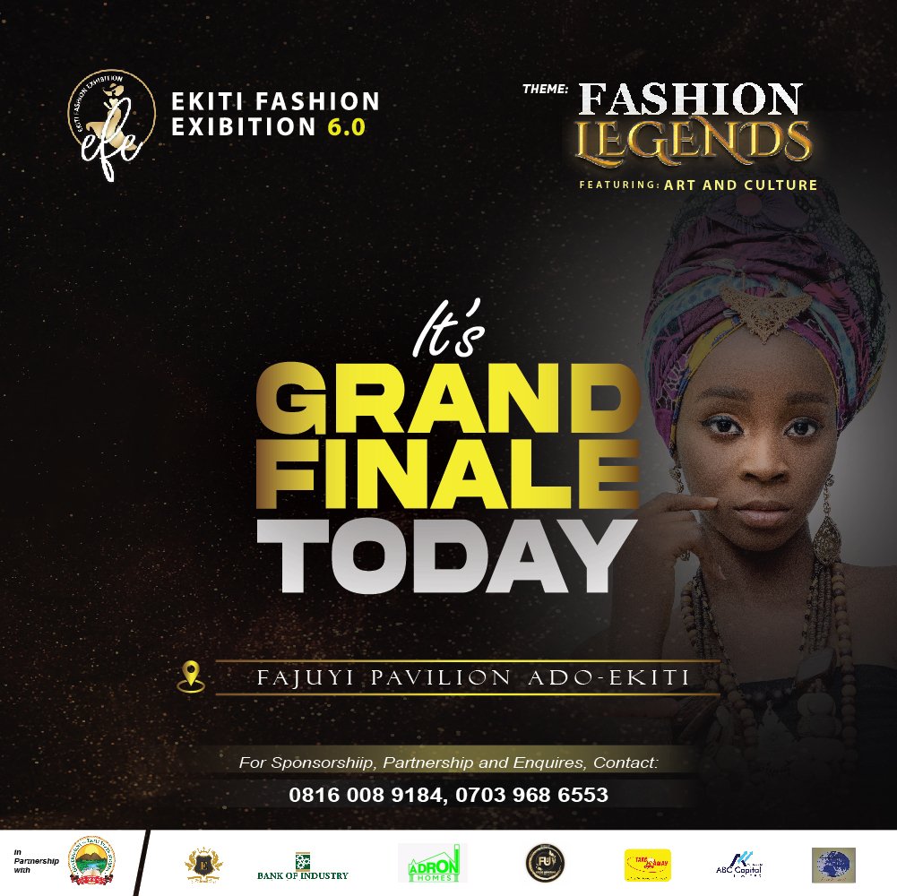 Today is all about Ekiti Fashion Exhibition. See you there!

Limited Tickets Wa.me/2348160089184
#ekitifashionexhibition2022 #runway #eksu #eksukilonshele #eksumodels #fuoye #fuoyeslayers #abuad #ekiticorper #adopoly #nigerianfashionshow #fashionshowinekiti