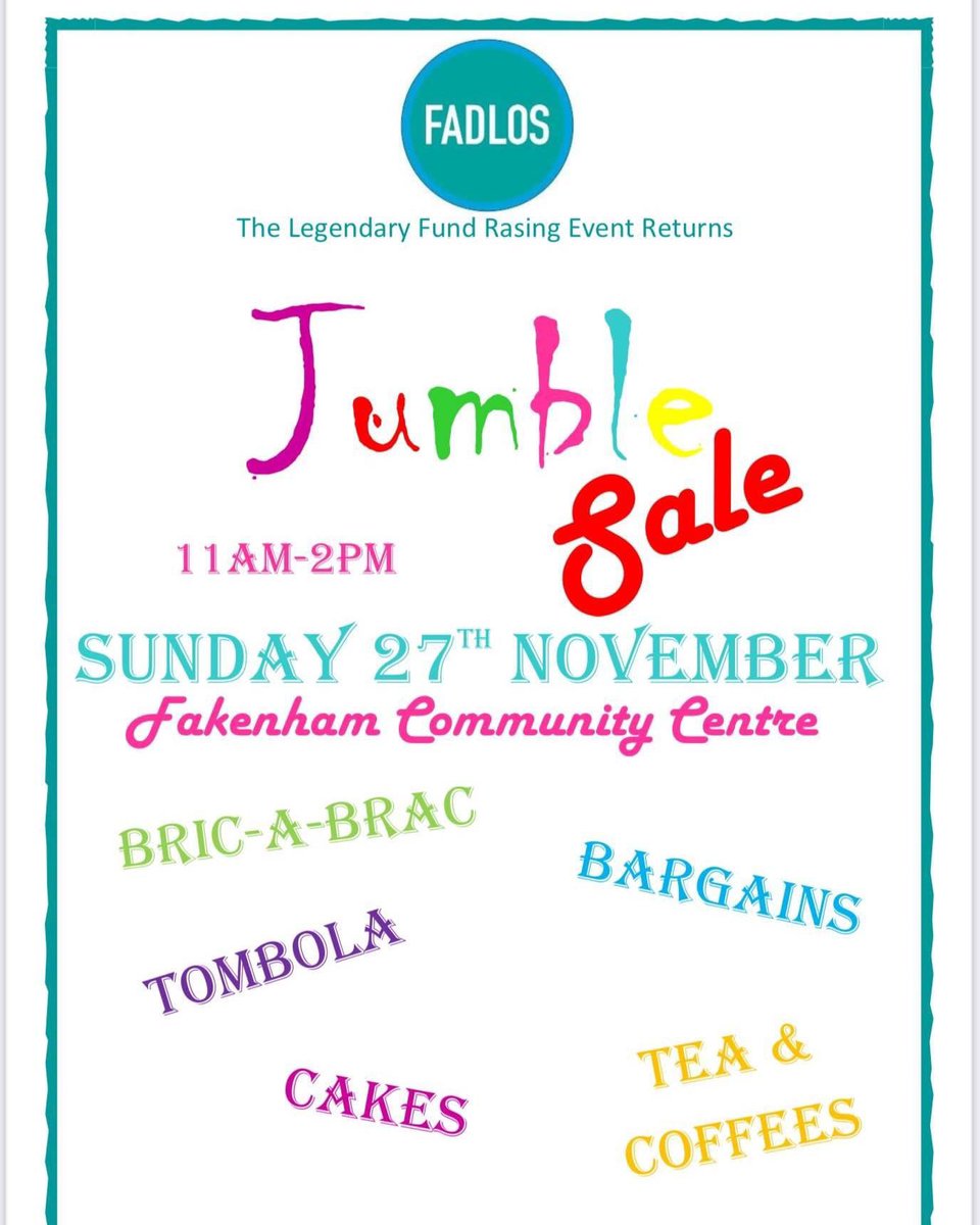 IT'S TODAY!! 
The LEGENDARY Fadlos Jumble Sale is this morning at 11am 😁🥳💥
Tell your friends, tell your family, tell everyone!
There will be tea, coffee AND cakes!
There are incredible bargains to be had as well as an extensive Tombola bursting at the seams with prizes!