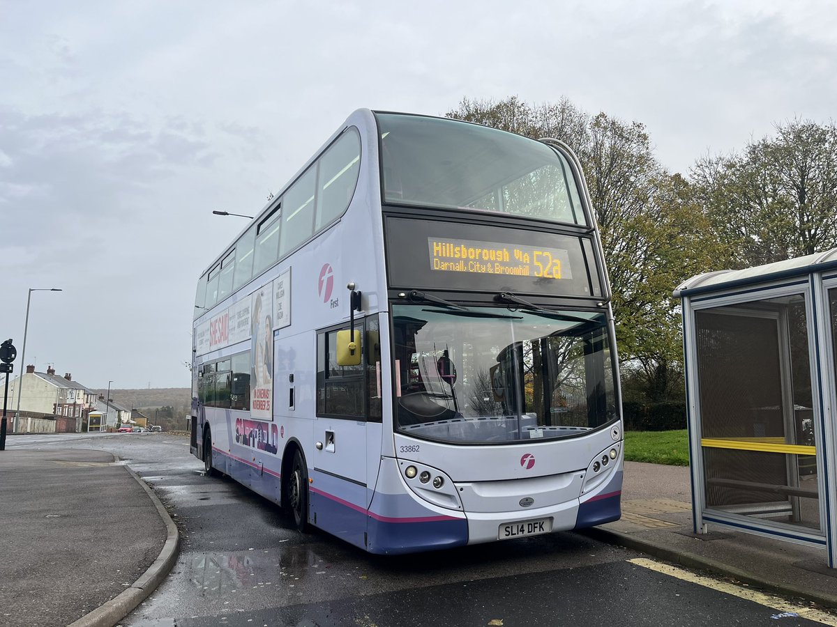 The first bus today is 33862 awaiting it’s first departure at 09;14 on service 52a to Hillsborough. Sunday 27 November 2022