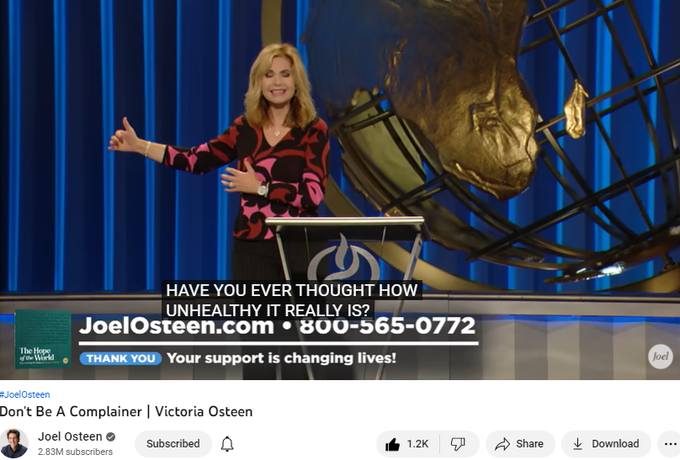 Victoria Osteen – Don't Be a Complainer
dont need to be complainer and fault finder. It is easy to see what could be done better. Tend to gravity to negative, cause us to find fault. We dont want to be complainers fault finders, it feels good to complain, venting. It feels good sometimes. I think if i complain i can change situation. You dont change by complaining, by finding faults-  you usually make it worst. We create more negative environment. We not pollut ourselves, we pollut other people, we cause them to think negative thoughts, it can spread if not careful. No one wants to be around complainer, fault finder. It may feel good at time, stop and think is it doing it any good. Effects on brain when we complain, we literall rewire our brain to complain. Brain takes path of least resistance, wants to repeat the pattern. You wire negative pattern, we train our own brain to complain. I want to be person faith hope. We all have opportunity to complain because life is imperfect, be smar