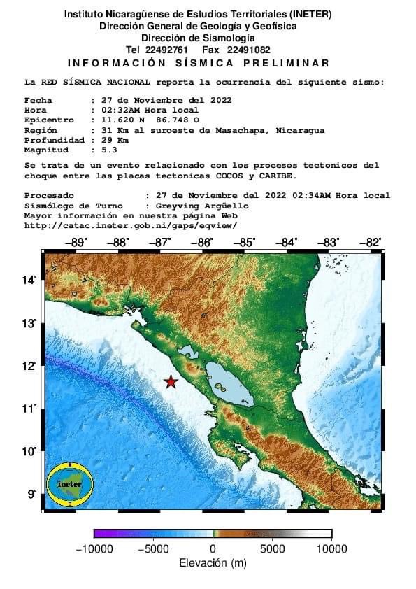 db_nicaragua's tweet photo. #Nicaragua | Informe preliminar de sismo sentido esta madrugada 

La magnitud fue 5.3, a 29 kilómetros de profundidad. Se localizó a 31 kilómetros al Suroeste de Masachapa. https://t.co/SjkTNa9R3h