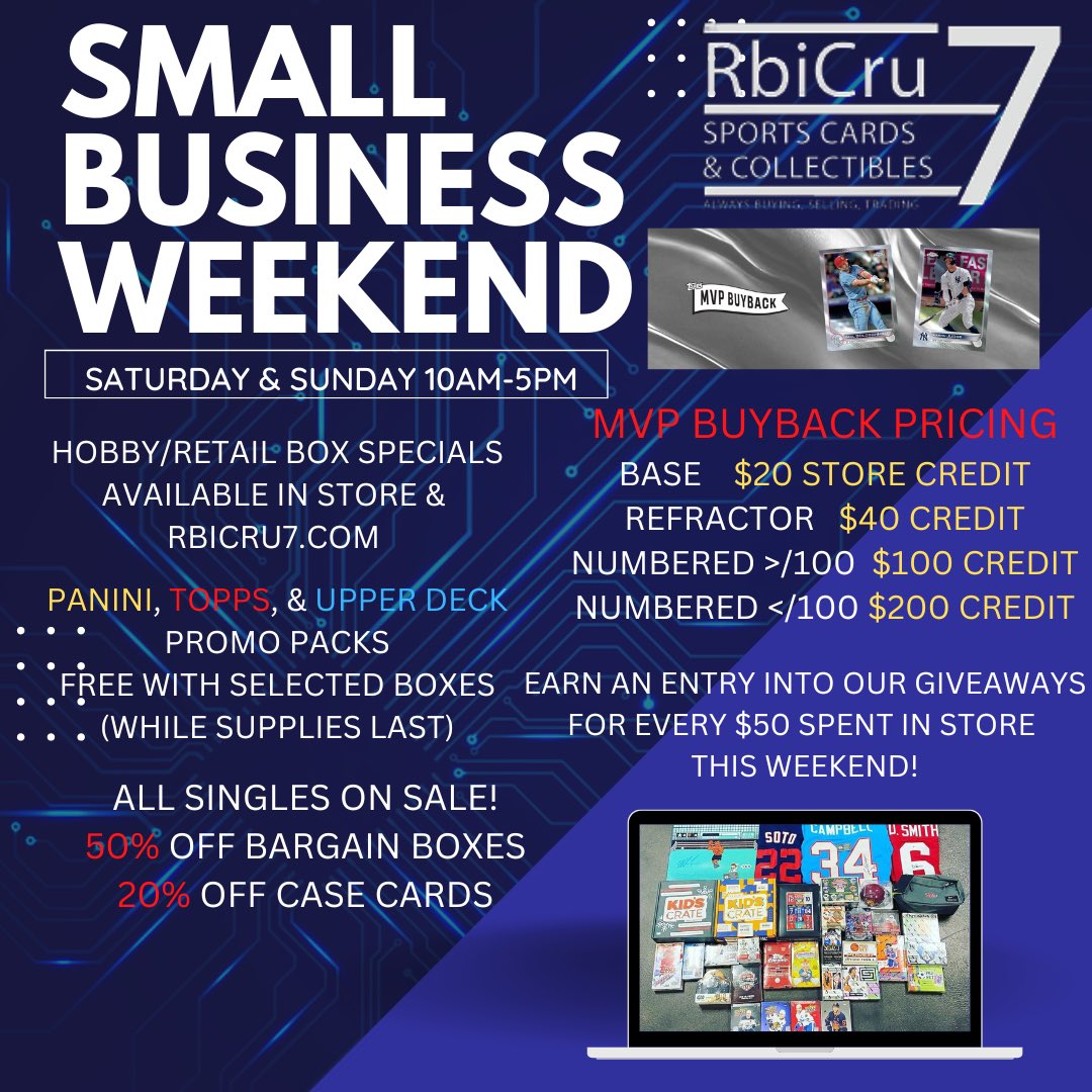RbiCru7's tweet photo. RbiCru7 Black Friday Specials continue today for Small Business Weekend in shop & online at https://t.co/03JwQAvwKj #BlackFriday #SmallBusinessWeekend #SundayFunday #ToppsMVPBuyback #Specials #Free #Giveaways #hobbyshop #cardshop #SupportYourLCS https://t.co/r3SI06JK6r