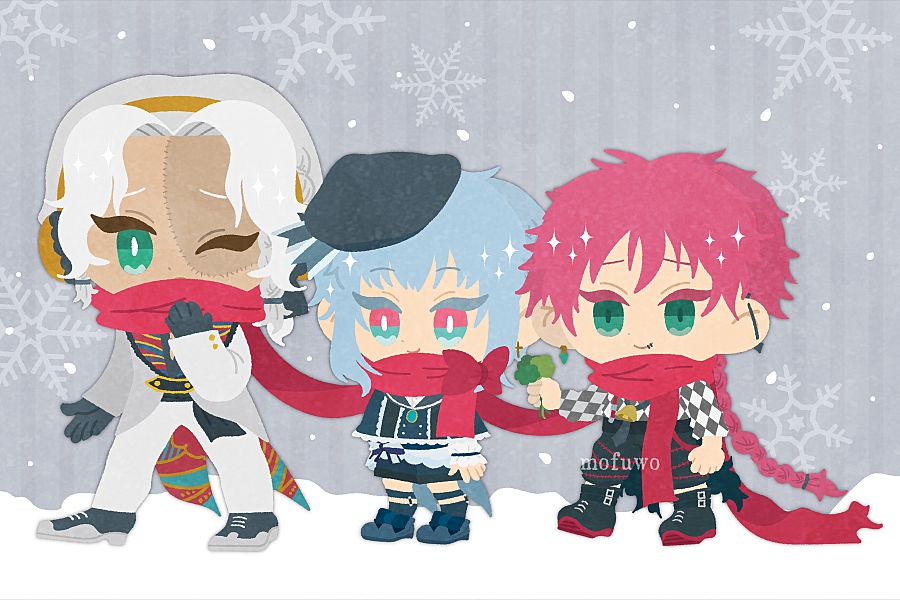 scarf multiple boys red scarf blue hair chibi red hair 3boys  illustration images