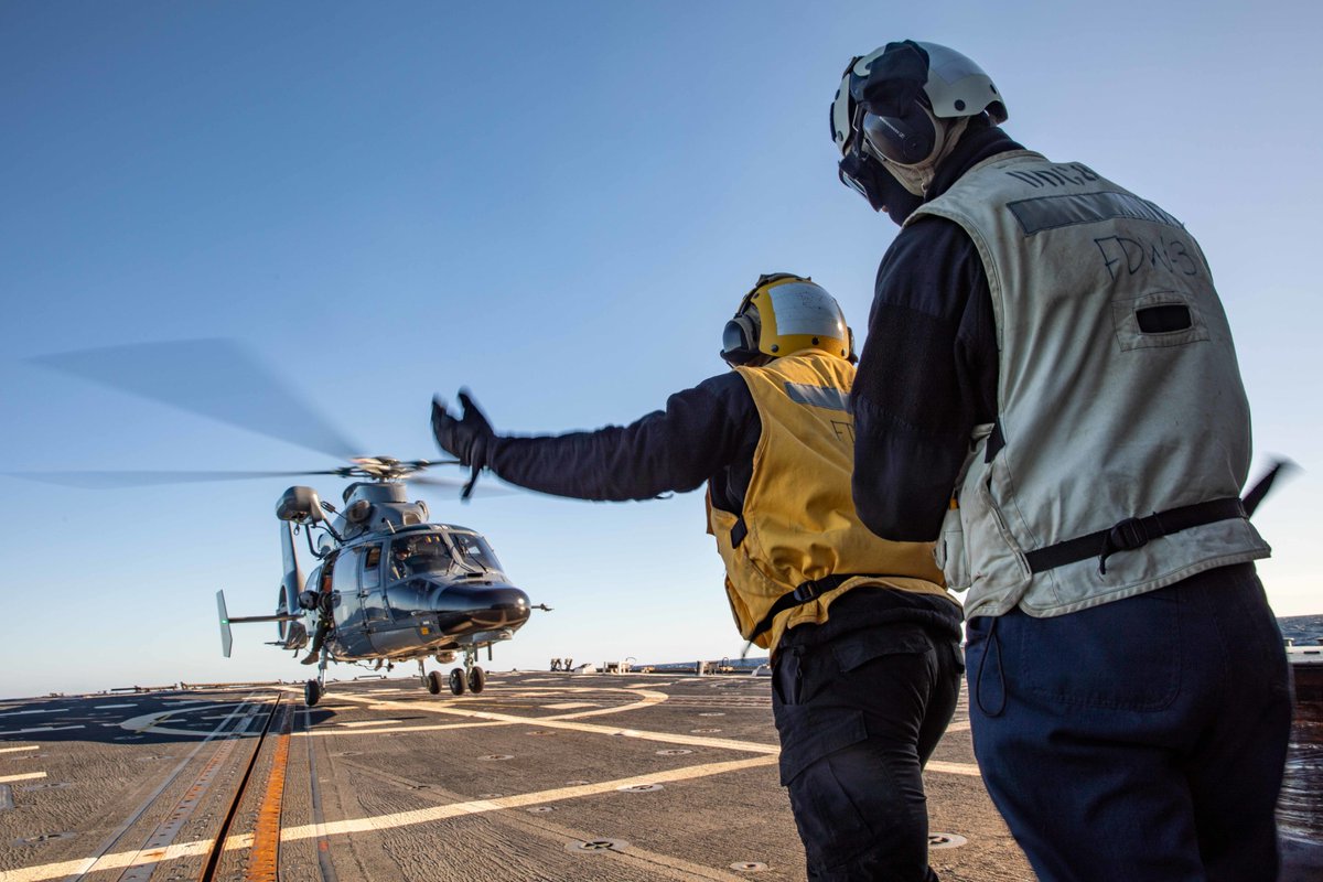 DeptofWar's tweet photo. Fly Navy!
@USNavy sailors conduct operations on the flight deck of #DDG80 while on a scheduled deployment in the @USNavyEurope area of operations. #NavyOperations #Deployment https://t.co/NrbEf9eYyi