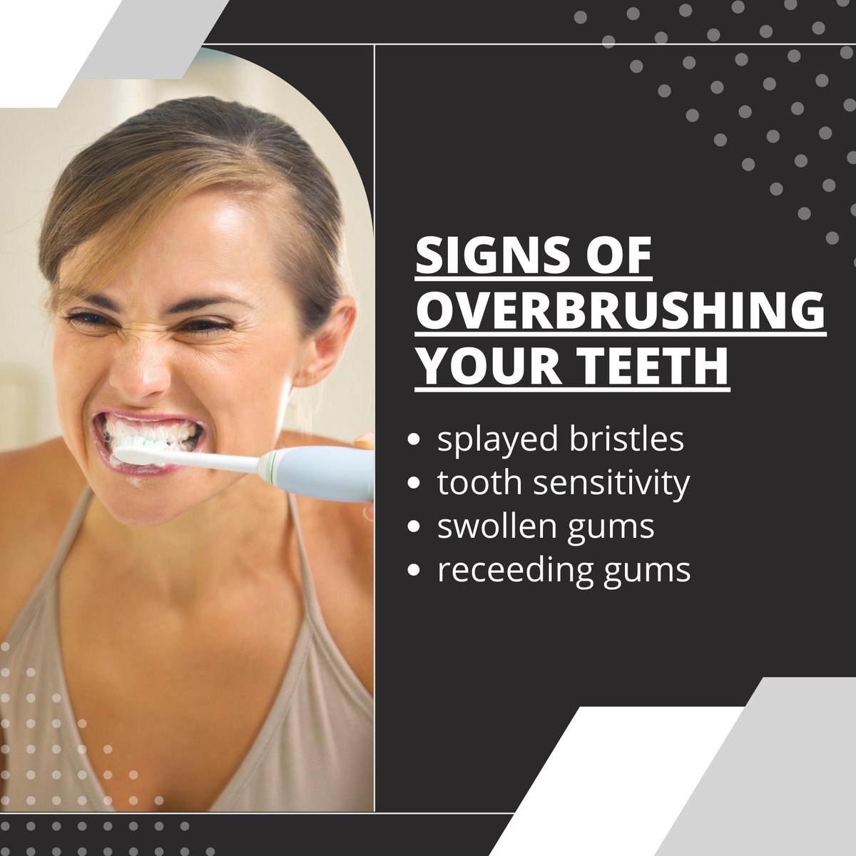infomercydental's tweet image. Don't overbrush your teeth! ?? If you're experiencing any of these things, that could mean you're overbrushing. Remember to use a soft-bristled toothbrush with light pressured motions. #overbrushing #BrushingTeeth #TeethTip