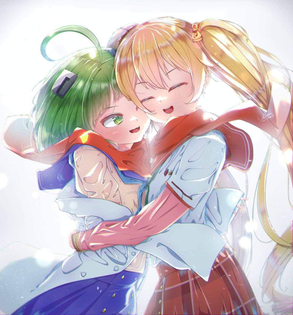 multiple girls 2girls scarf skirt school uniform hug twintails  illustration images