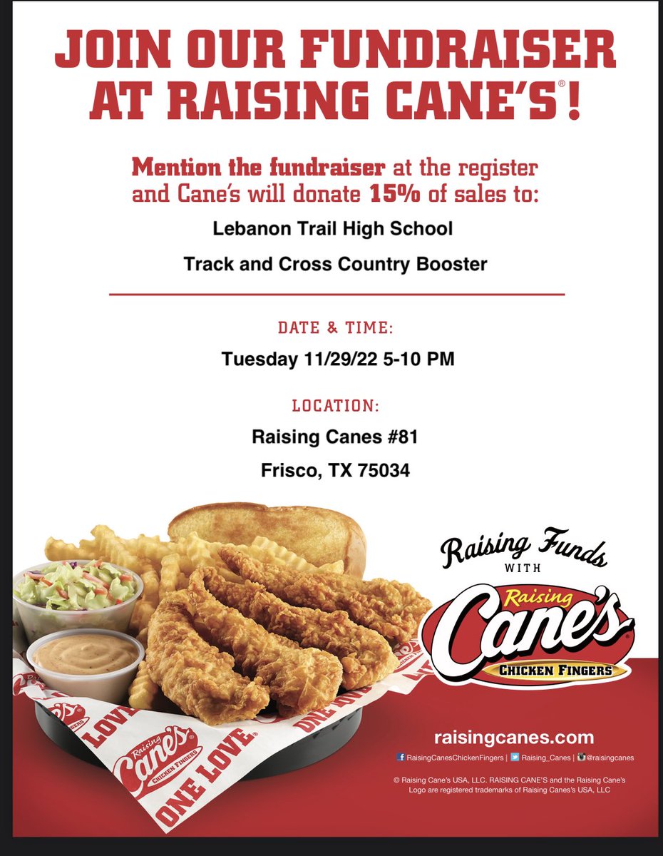 LTHSrunning's tweet photo. Come eat at Canes this Tuesday and mention LTHS Track and XC Booster to help support us! https://t.co/OJhJjGXf6d
