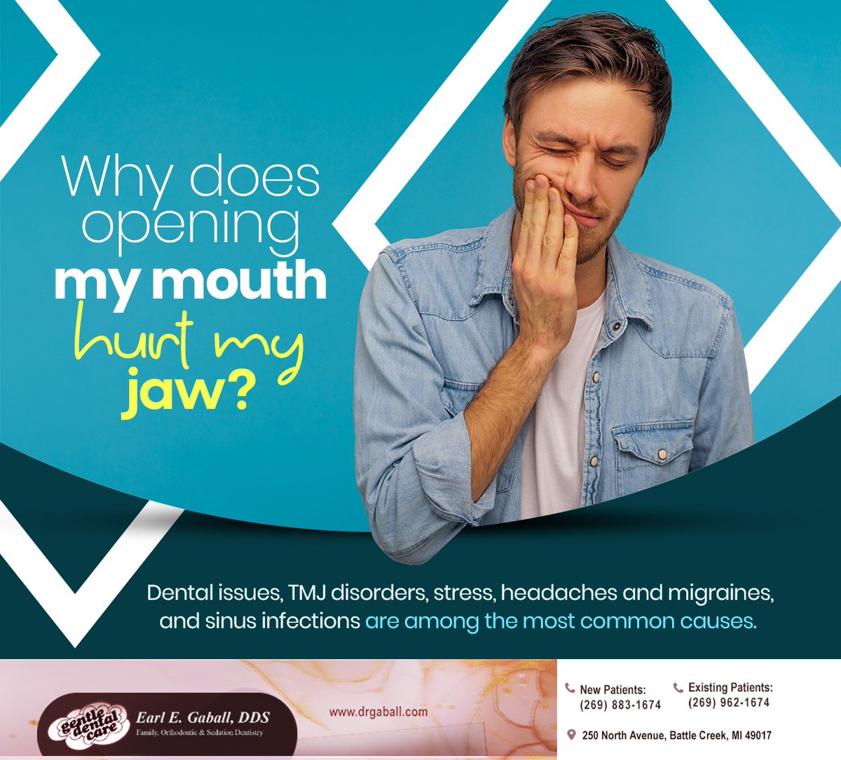 DrGaball's tweet photo. If you're unsure what's causing your #jaw pain; contact Earl E. Gaball, DDS for assistance. We can diagnose jaw-related dental issues and prescribe devices and changes in lifestyle to ease the pain. #jawpain #earlgaballDDS #battlecreek #MI https://t.co/RqoBwVREvM