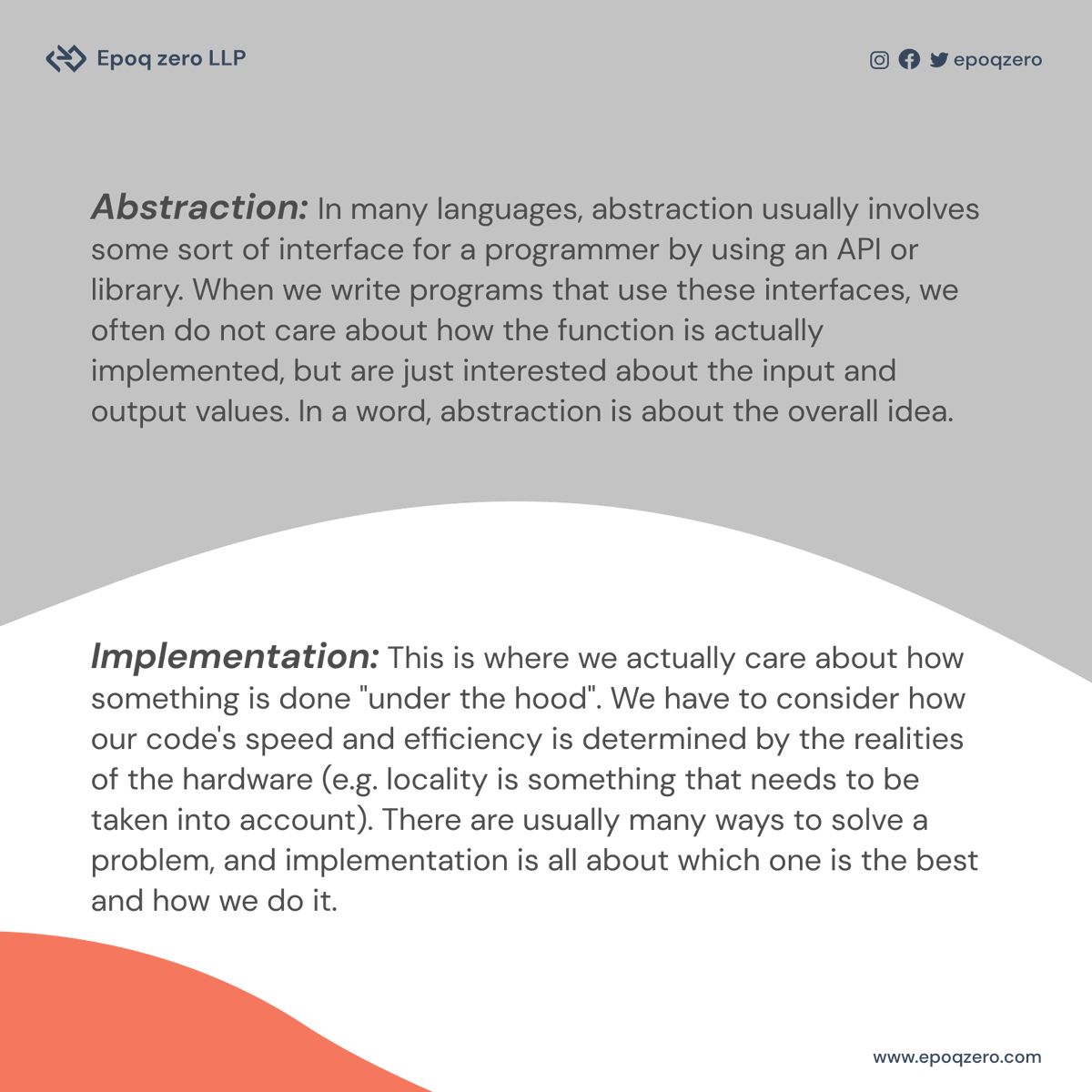 epoqzero's tweet photo. In a word, abstraction is about the overall idea and implementation is where we actually care about how something is done. Check out this post to learn more!

#abstraction #implementation #softwaredeveloper #coding #dev https://t.co/9QhP6ZXBvu