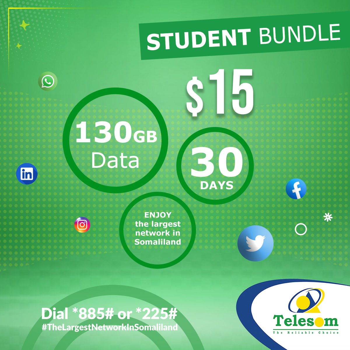 Telesomcompany's tweet photo. Student Packages Data
Habka Ku Shubashada
Garaac *885# ama *225#, Kadibna dooro Xidhmo Casri.
#InternetBundle
#TayoWaaTelesom https://t.co/yGZd1FcwO6