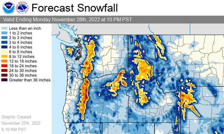NWSWPC's tweet photo. ⚠️❄️ A strong cold front will bring heavy mountain snow to the Pacific NW and northern Rockies today and Monday. Use extra caution if traveling in these areas, conditions will be hazardous.

⬇️📏 Here are forecast snowfall amounts through Monday evening. https://t.co/Qu2pBPJIKa