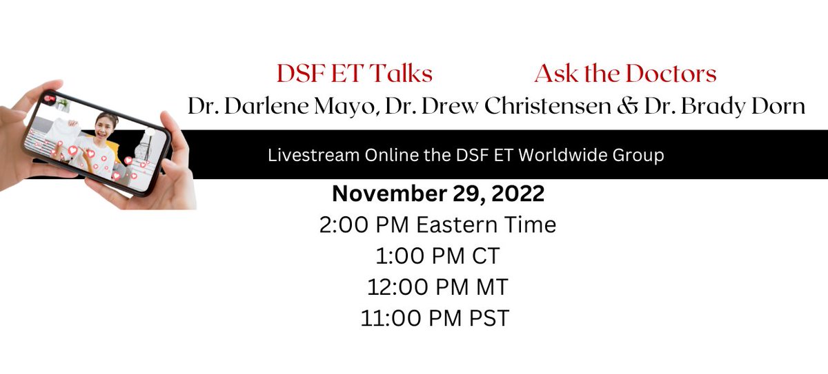 et_dsfoundation's tweet photo. REGISTER NOW! DSF #ETTalks #WorldMovementDisordersDay 2:00 pm ET Tuesday 11/29/22 #LiveStream #Zoom Register Now @Diann_Shaddox Dr. Mayo, Dr. Christensen, Dr. Dorn #movedisorder #essentialtremor #endet #teamdsf #movementdisorders #diannshaddoxfoundation https://t.co/APADuaEMHC https://t.co/nZkby8RJiB