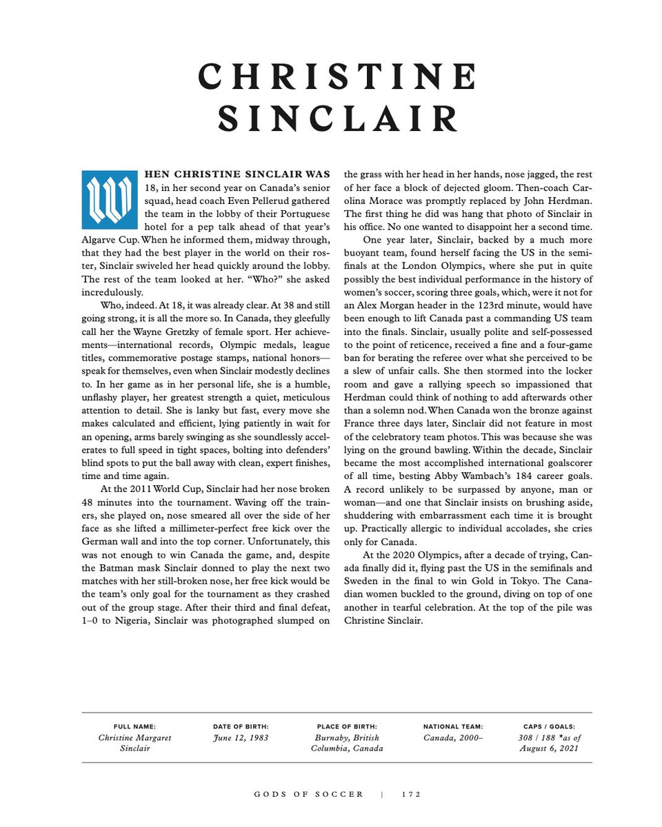 MenInBlazers's tweet image. When Christine Sinclair was 18, Canadian head coach Even Pellerud gave a pep talk ahead of that year’s Algarve Cup.

He informed them that they had the best player in the world on their roster, Sinclair swiveled her head quickly around the lobby.

“Who?” she asked incredulously.