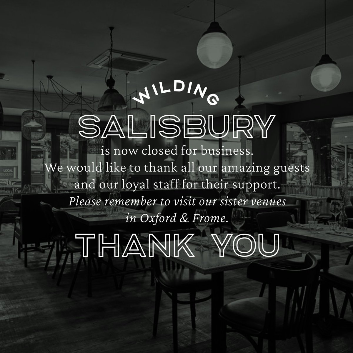 A week ago today we closed the doors of our beloved Wilding Salisbury.

We may be gone from this gorgeous city, but you can still find us in <a href="/WildingOxford/">Wilding Oxford</a> &amp; <a href="/StonyStreet/">Eight Stony Street</a> in Frome.

Hope to see you there. And thank you for one final time to our talented team &amp; amazing guests.❤️💔