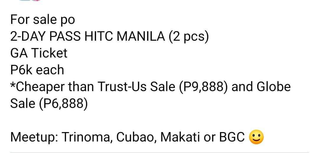 kaibearcart's tweet photo. wts hitc tix manila 2 day pass ph ga hmu!! https://t.co/NNBBeLwNLP