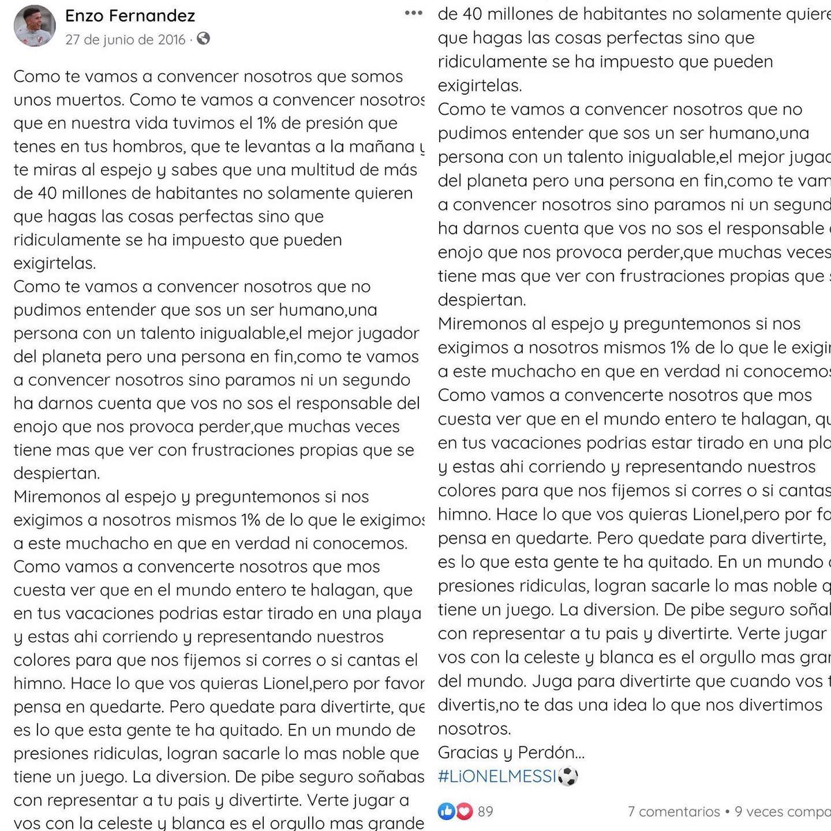 La carta que Enzo Fernández le escribió a Lionel Messi, cuando se enteró que quería dejar la selección.

“Jugá para divertirte que, cuando vos te divertís, no te das una idea de lo que nos divertimos nosotros”.

Pelos de punta. Increíble. 🥹🇦🇷