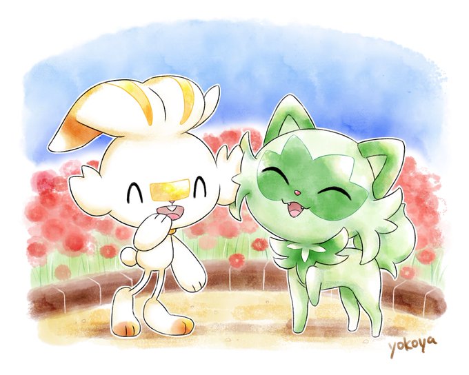 仲良しヒバニーとニャオハを描きました 